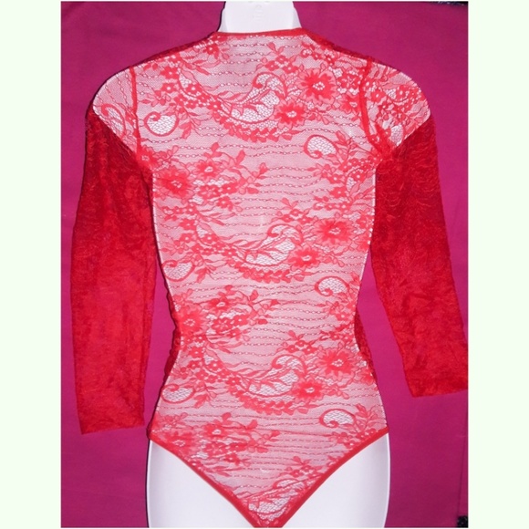 Red Sheer Lace Long Sleeve Bodysuit Romper - Picture 6 of 7